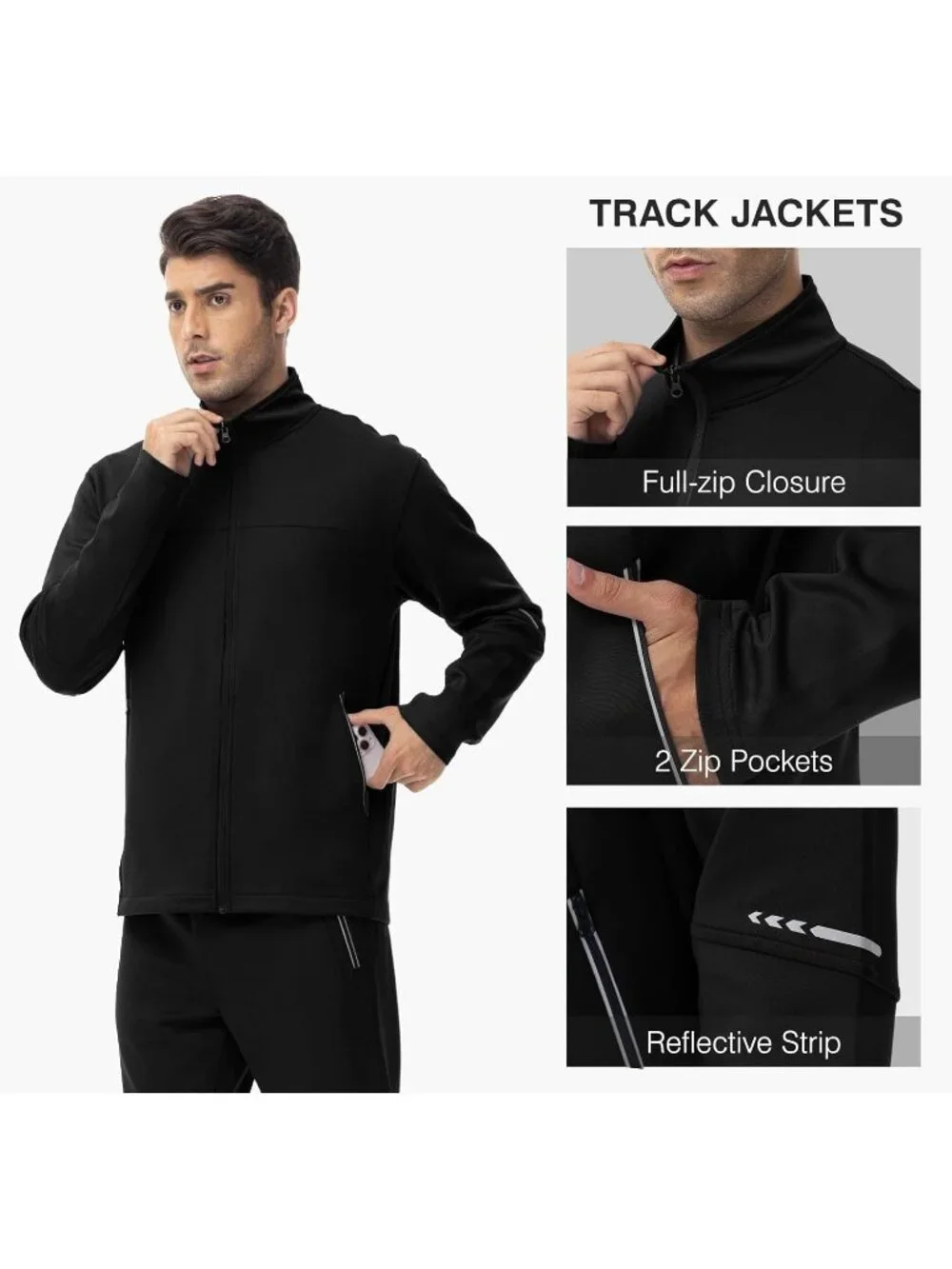 Men's 2 Piece Suit Black Slant Pocket Long Sleeve Sweatsuits Full Zip Sets